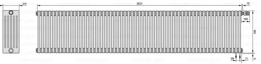 Схема (чертеж) Радиатор Zehnder Charleston 6090/57 №V002 Белый глянцевый RAL 9016